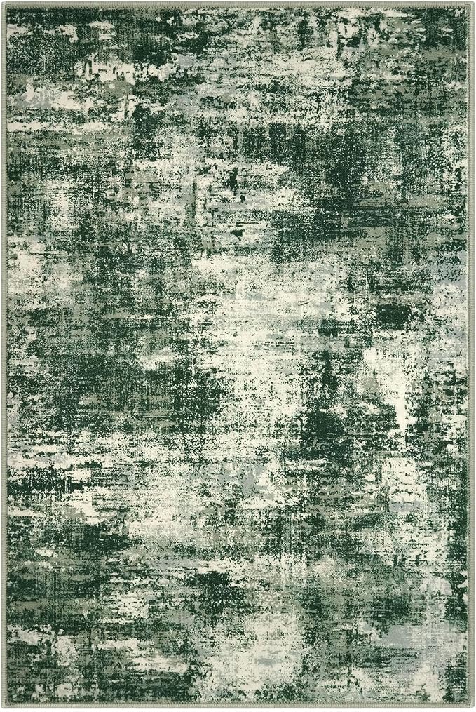 Lansny Abstract Washable Entryway Rug 3x5 Area Rug Non Slip Kitchen Rugs | Green;Thin Printed Faux Wool Door Mat;Small Rugs;Front Door Rug;Indoor Entry Rug;Rubber Backed Floor Carpet;Throw Rugs