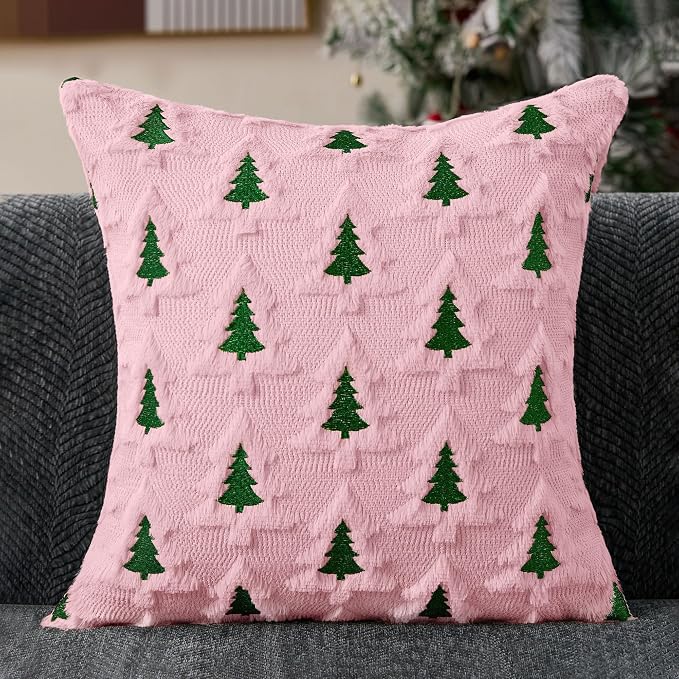 Allorry Christmas Pillow Covers 20x20 Set of 2 Pink Green Double Xmas Tree Pillow Covers Soft Plush Faux Fur Christmas Decorations for Xmas Winter Holiday Home Bedroom Sofa Cushion Cases PT-008F20