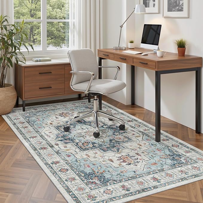 Madane Area Rug 3x5, Washable Vintage Entry Rugs for Bedroom, Blue | Vintage Entryway Bedroom Non Slip Door Mat Indoor Entrance, Kitchen Runner Living Room Laundry Playroom Soft Floor Carpets