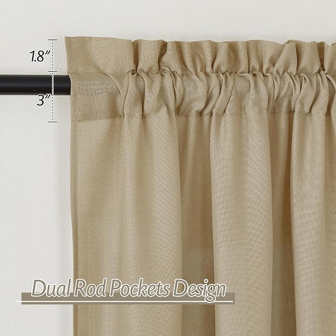 RYB HOME Linen Sheer Curtains 2 Panels for Living Room, Semi Transparent Privacy Drapes with Rod Pocket Farmhouse Style Window Treatments for Bedroom, Camel, 52" W x 102" L