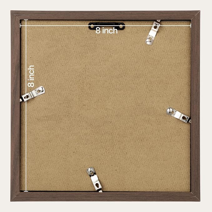 eletecpro Picture Frames Set of 9, 8x8 in, Acrylic Cover, Walnut Brown | Display Photo 4x4 with Mat or 8x8 without, Square Gallery Collage, Wall Mount, Minimalist Home Decor, Engineered Wood
