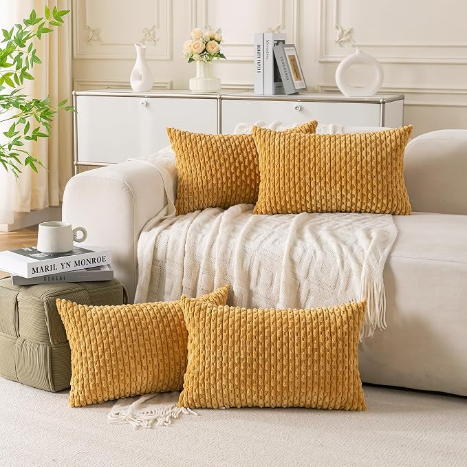 Set of 4 Mustard Yellow Decorative Throw Pillow Covers 12x20 Inch Corduroy Pillow Covers for Bed Couch Sofa Living Room Soft Cushion Cases