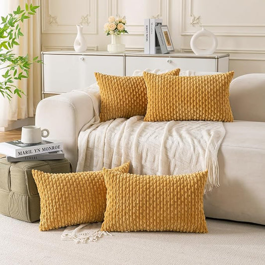Set of 4 Mustard Yellow Decorative Throw Pillow Covers 12x20 Inch Corduroy Pillow Covers for Bed Couch Sofa Living Room Soft Cushion Cases