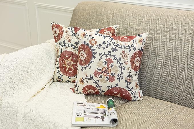 Mika Home Pack of 2 Jacquard Circle Floral Pillow Cover, Cream Red | Throw Pillow Case, Decorative, For 22X22 Inserts