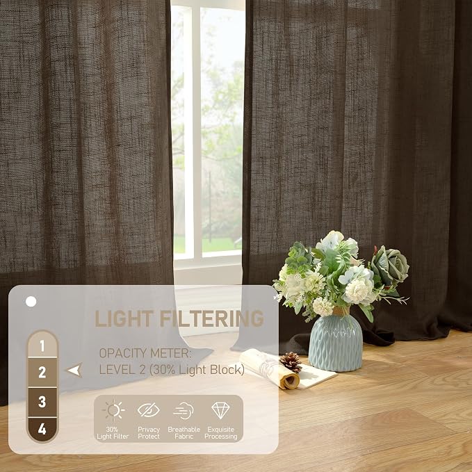 Linen Curtains 63 Inch Length 2 Panels for Bedroom Living Room | Light Filtering Panels, Semi Sheer Neutral Drapes for Window Treatment, Rod Pocket Back Tab, Dark Brown, 34 x 63 Inch