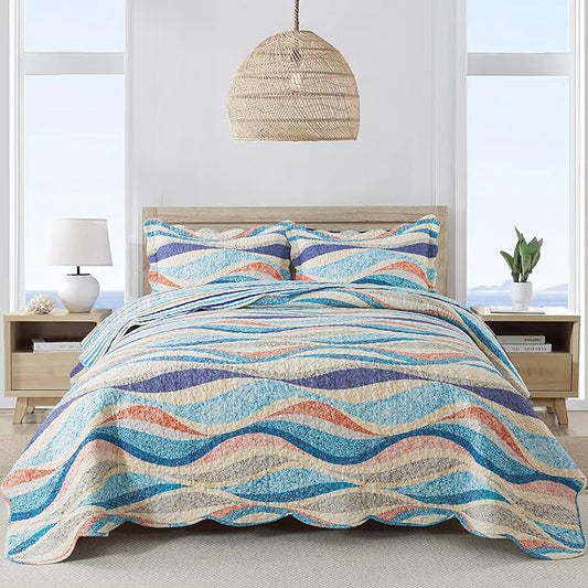 NEWLAKE Quilt Bedspread Sets - West Coastal Pattern Reversible Coverlet Set, Queen Size