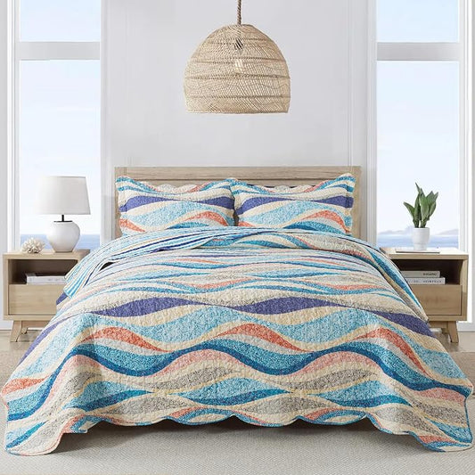 NEWLAKE Quilt Bedspread Sets - West Coastal Pattern Reversible Coverlet Set, King Size