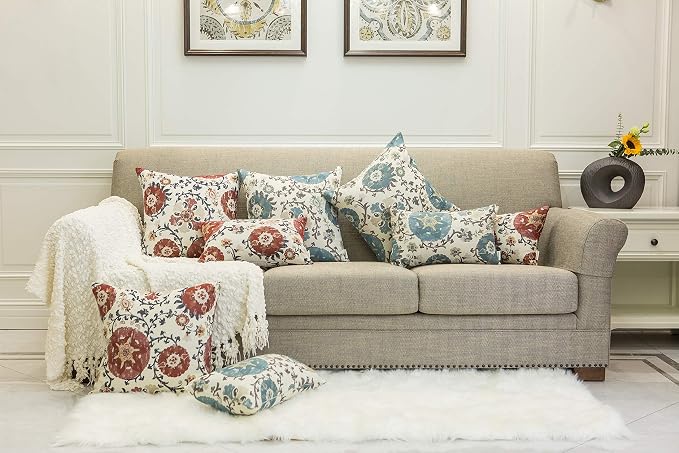 Mika Home Pack of 2 Jacquard Circle Floral Throw Pillow Covers, Cream Red | Rectangle, Oblong Pillow Cases, For 12X20 Inserts