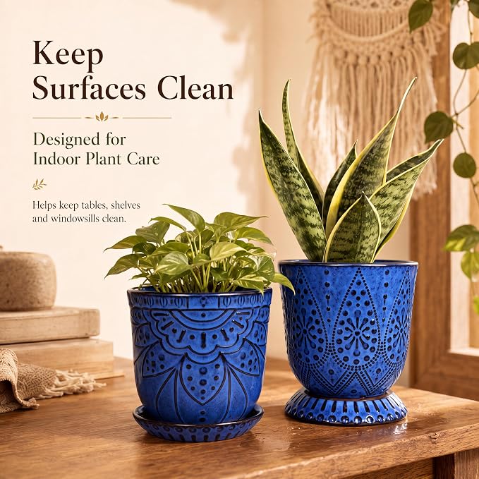 Gepege Ceramic Plant Pots, 6 Inch Indoor Planters with Drainage & Saucers | Ceramic pots for plants with drainage holes, ceramic saucers and mesh pads, ideal for flowers, herbs and succulents, set of 2