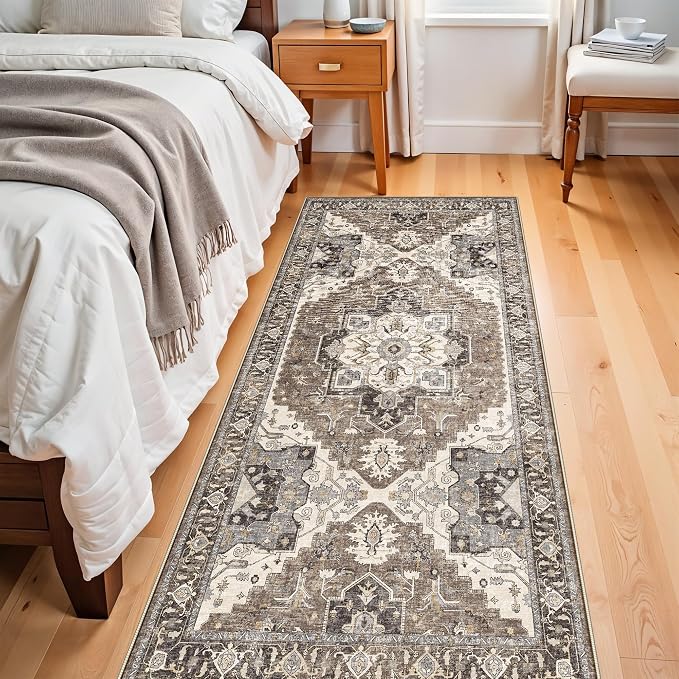 Kitchen Runner Rug 3x6 Non-Slip - Washable Vintage Rugs with Rubber Backing for Living Room Hallway Low Pile Easy Clean Carpet Soft Thin Lightweight Floor Mat for Bedroom Laundry Room(Beige,3x6)