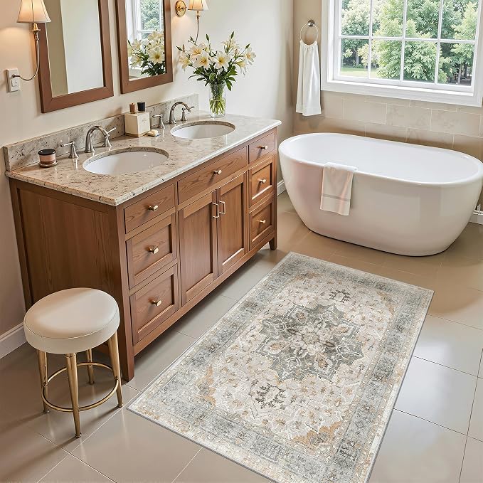 Madane Washable Area Rug 2x3 Small Entryway Rugs Non-Slip Light Taupe Brown | Vintage Stain-Resistant Door Mat Indoor Entrance, Low Pile Floor Carpet for Inside Front Bedroom Kitchen Entry Laundry, Stair