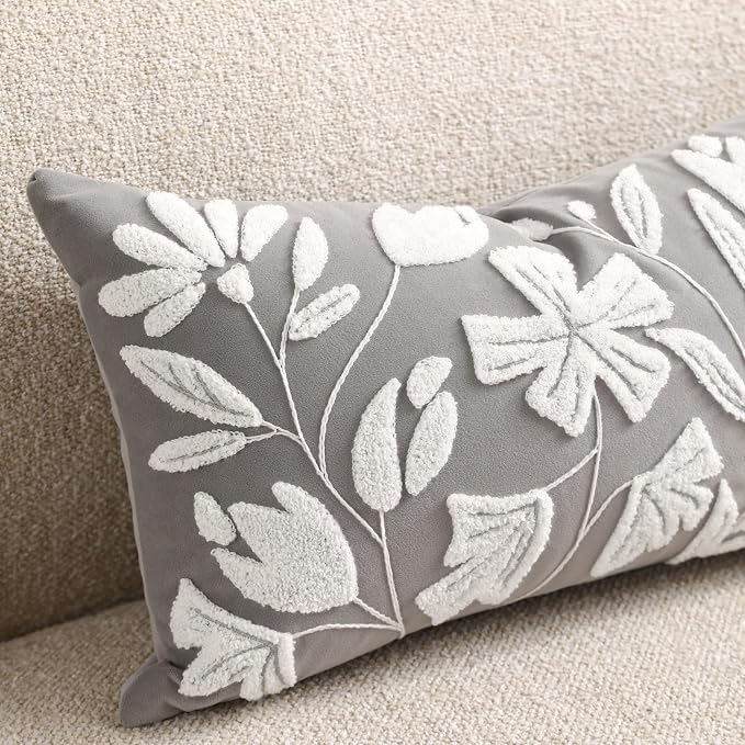 BlissBlush Throw Pillow Cover 20x20 Inch, Light Gray Floral Tufted Velvet Decorative Accent Pillow Case for Sofa Bed Living Room, Cover Only