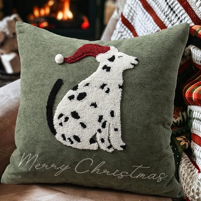 Cute Spotted Dog Christmas Pillow Covers 18x18, Embroidered Christmas Throw Pillow Covers Christmas Decorations Holiday Pillows for Home Couch, Green White/Black Velvet Cushion
