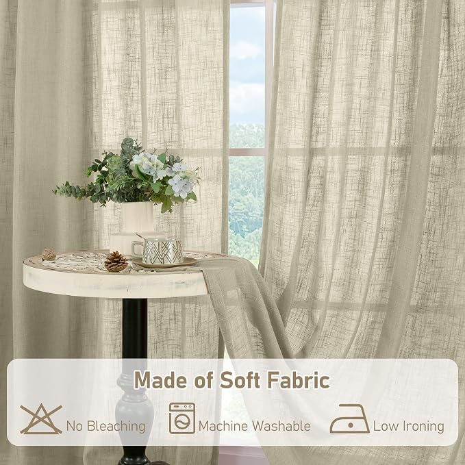 Semi Sheer Window Linen Curtains 54 Inch, 2 Panels, 34 x 54 Inch | Light Filtering Panels, Rod Pocket Back Tab, Country Decor Drapes for Bedroom, Farmhouse, Oatmeal, 2 Panels