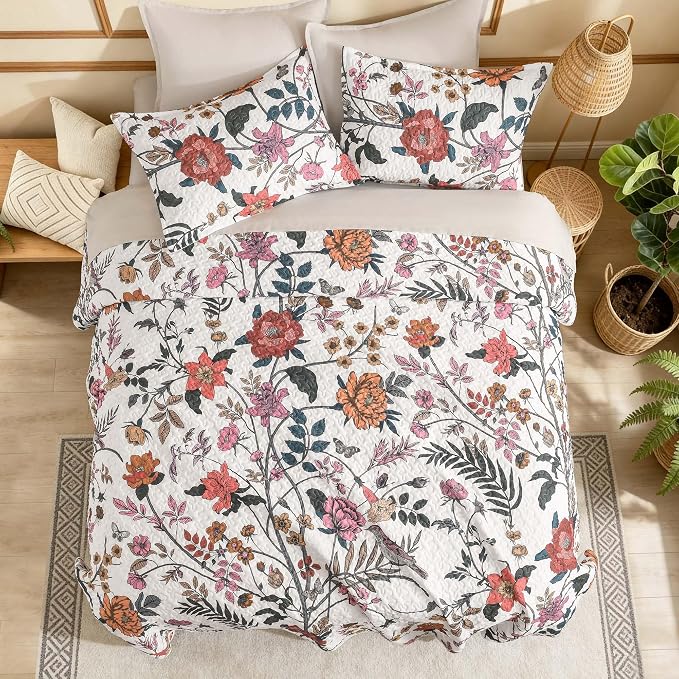 Litanika Floral White Quilt Oversized King - 3Pcs Botanical Bedding Set | Super King Bedspread Summer Lightweight Soft Coverlet with Orange Flower for All Seasons (120"x120")