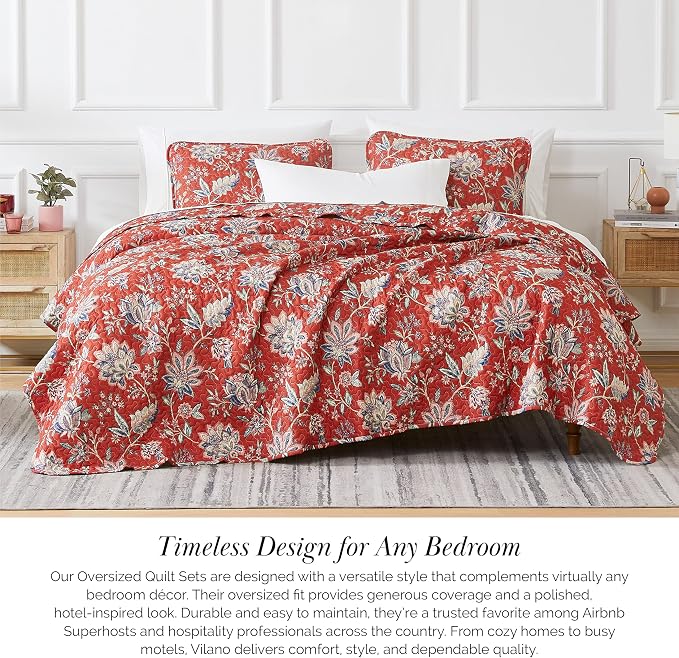 Southshore Fine Living, Inc. Oversized Full/Queen Quilt Bedding Set, Jacobean Willow Floral Quilt Set Queen or Full Size with 2 Matching Pillow Shams, Lightweight Bedspread, Soft and Cozy, Red