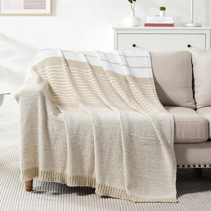 Soft Striped Throw Blanket for Couch, Cozy Warm Knitted Blankets | Lightweight Fuzzy Travel Warm Decor for Women, Mom, Girls, Sofa, Chair, 50x60in, Taupe White