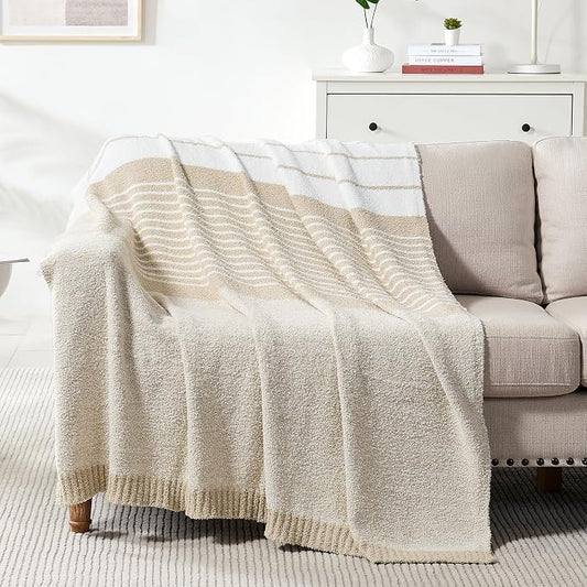 Soft Striped Throw Blanket for Couch, Cozy Warm Knitted Blankets | Lightweight Fuzzy Travel Warm Decor for Women, Mom, Girls, Sofa, Chair, 50x60in, Taupe White