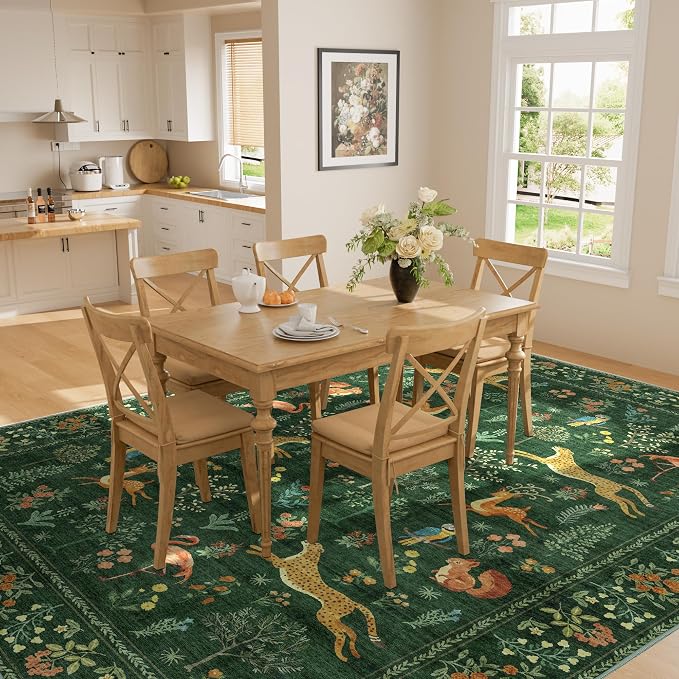 DUKINO 5x7 Area Rugs, Washable Animal Rug for Living Room Non Slip, Green | Low Pile, Soft Indoor Carpet for Bedroom, Kids Room, Dining Room, Pet Friendly, Farmhouse, Stain Resistant, Non-Shedding