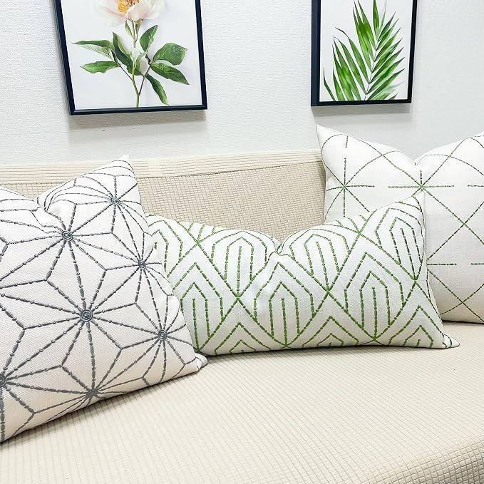 Slow Cow Linen Embroidery Decorative Lumbar Throw Pillow Cover Rectangular Pillowcase Cushion Cover for Bed Couch Sofa 12 x 24 Inches Green