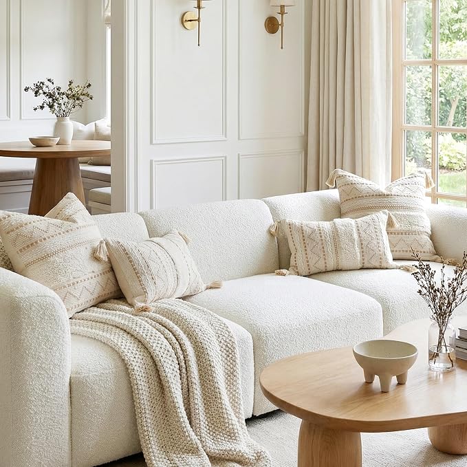 BlissBlush 20X20 Throw Pillow Cover, Cream Neutral Beige Square Decorative Cushion Cover, Boho Accent Pillowcase with Tufted Details and Tassels for Couch Sofa Living Room (Cover Only)