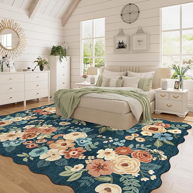 DUKINO 6x9 Area Rugs Floral Washable Living Room Rug Non Slip Prussian Blue | Low Pile, Stain Resistant, Soft Indoor Large Rugs for Bedroom, Dining Room, Kids Playroom, Nursery, Pet Friendly, Home Decor
