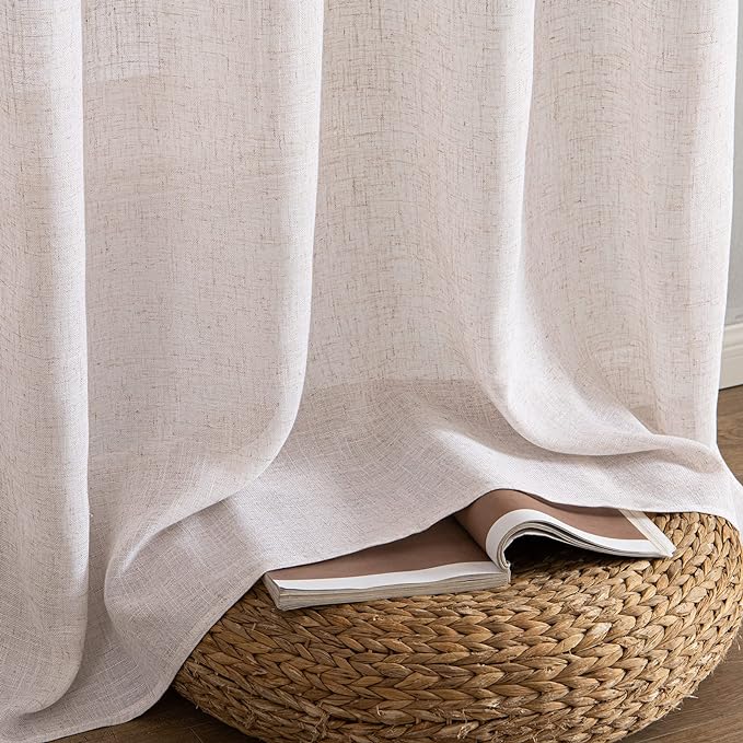 MIULEE Natural White Linen Curtains 52x63 Inch Length 2 Panels for Bedroom | Window Drapes for Kitchen Living Room, Soft Thick Linen Textured, Semi Sheer Light Filtering, Back Tab Rod Pocket,Burlap Look