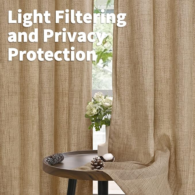YoungsTex Burlap Linen Curtains 72 Inch Length for Living Room, Toffee Semi Sheer Window Drapes Light Filtering with Bronze Grommet for Bedroom Farmhouse, 2 Panels, 52 X 72 Inch
