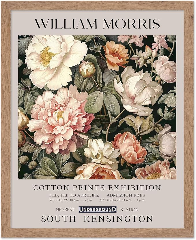 Poster Master William Morris Poster - Pink Peonies Print - Flower Art - Botanical Art - Exhibition Illustration - Textile Pattern Illustration - Floral Illustration - Aesthetic Office or Bedroom Decor - 8x10 Beige Framed