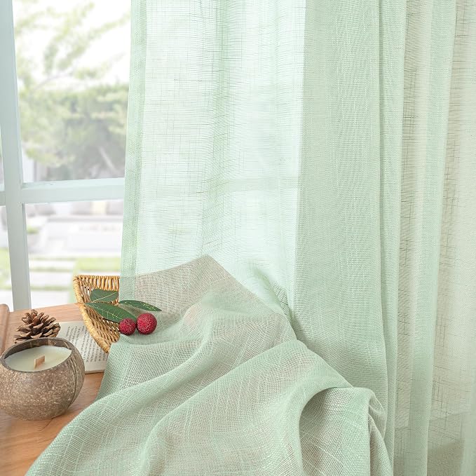 YoungsTex Light Green Linen Curtains 63 Inch Length for Living Room, Semi Sheer Drapes with Rod Pocket Back Tab Textured Light Filtering for Bedroom Window, 2 Panels, 52 X 63 Inch