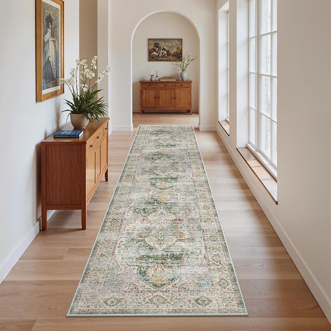 Madane Hallway Runner Rug 2x8 Washable Kitchen Rugs Non-Slip, Green | Vintage Machine Washable Low-Pile Floor Carpet 8ft, Soft Ultra-Thin Throw Entry Foyer Mat for Entrance Laundry Living Room