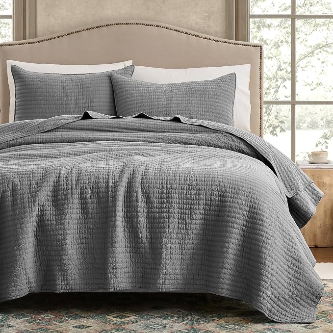WDCOZY 100% Cotton Oversized King Size Quilt Set - Grey California Cal King Striped Pick Stitch Soft Lightweight Bedspread, Textured Like Linen, Farmhouse Country Rustic Coverlet, 3 Pieces