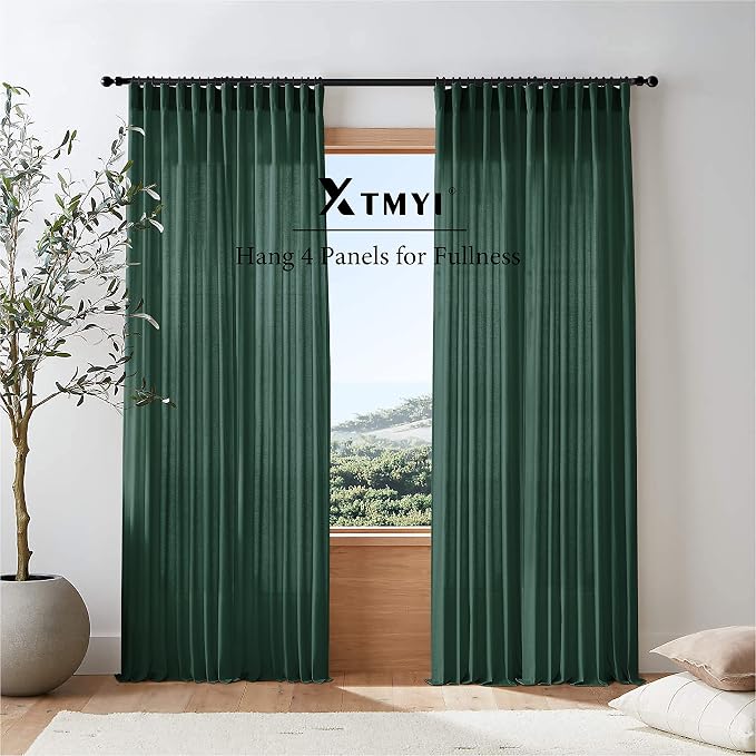 XTMYI Luxury Curtains for Living Room,Emerald Dark Green Sheer Linen to Match Gold Art Deco Curtains for Bedroom,Set of 2 Panel Curtains,50 Wide x 108 Inches Long