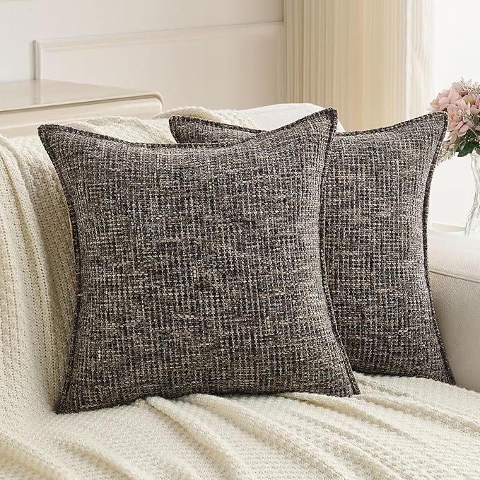 FUTEI Pack of 2 Chenille TweedVintage Throw Pillow Covers 24x24 Inch Soft Decorative Euro Pillow Shams Modern Farmhouse Accent for Couch Bed Living Room, Coffee