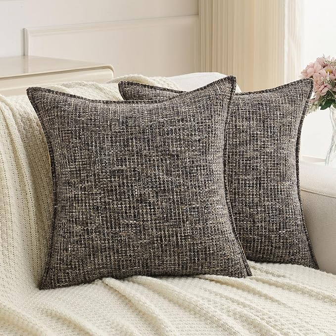 FUTEI Pack of 2 Chenille TweedVintage Throw Pillow Covers 16x16 Inch Soft Decorative Cushion Case Modern Farmhouse Accent for Couch Bed Living Room, Coffee