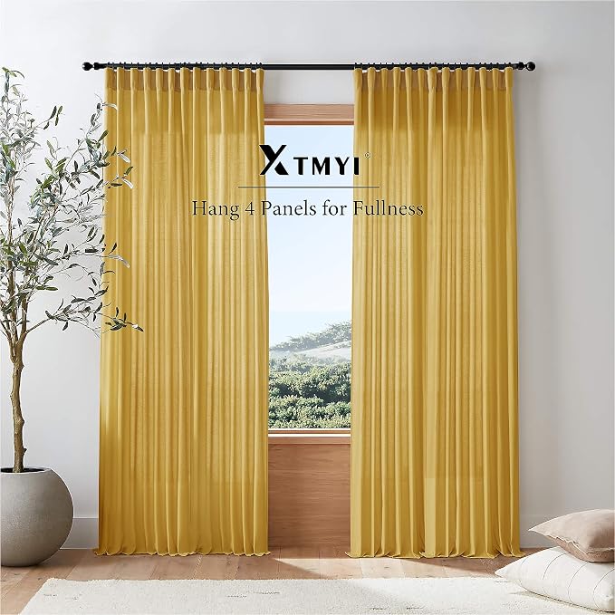 XTMYI Yellow Curtains 96 Inches Long for Living Room,Colorful Bright Mustard Mid Century Modern Decor,Linen Sheer Bohemian MCM Curtains for Bedroom 2 Panel Set,Dark Ocher
