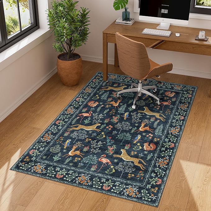 DUKINO 3x4 Rug, Washable Animal Area Rug for Entryway Non Slip, Navy Blue | Soft, Low Pile, Stain Resistant Indoor Carpet Runner for Entryway, Kitchen, Bedroom, Bathroom, Pet Friendly, Home Decor