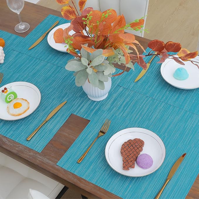 SHACOS Indoor Outdoor Placemats Set of 8 Woven Vinyl Place Mats for Dining Table Wipeable Heat Resistant Washable Kitchen Patio Table Mats (8, Teal Blue)