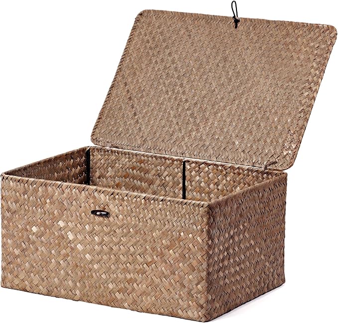 Nonam Large Wicker Basket with Lid,Seagrass Shelf Storage Basket,Coffee | Basket Container for Organizing, Boho Decorative Basket, Rectangular Household Storage Boxes for Home Organization