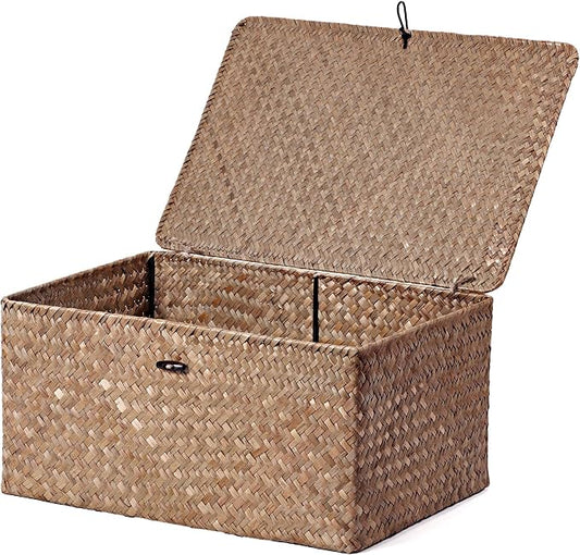 Nonam Large Wicker Basket with Lid,Seagrass Shelf Storage Basket,Coffee | Basket Container for Organizing, Boho Decorative Basket, Rectangular Household Storage Boxes for Home Organization