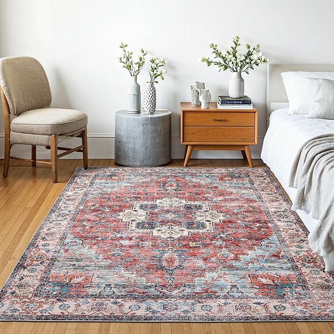 Machine Washable Area Rug, Soft & Durable, Non-Slip, Stain Resistant Rug for Bedroom, Living Room, Dining Room, High Traffic Areas. (Red/Sky Blue, 5' X 7')