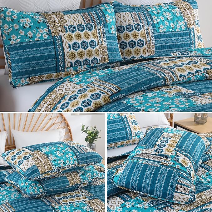 Mybedsoul Boho Quilts Queen Size, Floral Patchwork Bedding Set, Dusty Blue | Soft Lightweight Microfiber Coverlet Set, 3 Pieces Plaid Reversible Bedspread, Bed Sets for All Seasons 96"x90"