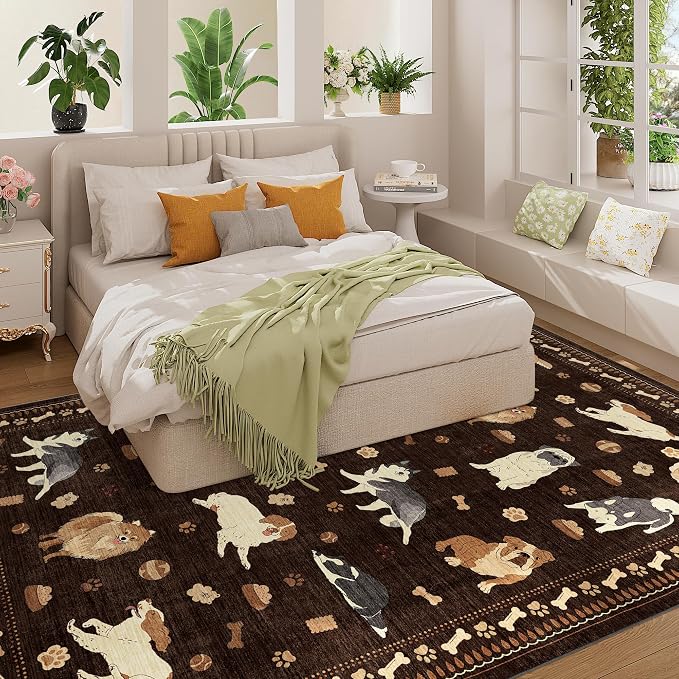 DUKINO 6x9 Washable Dog Area Rug for Living Room Non Slip, Brown | Non-Shedding, Stain Resistant, Soft Animal Carpet for Bedroom Kids Playroom Nursery Dining Room Farmhouse, Pet & Kid Friendly