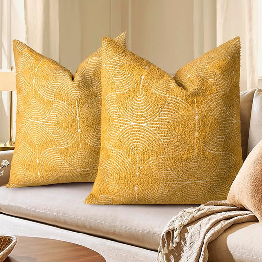 AELS Boho Decorative Textured Throw Pillow Covers 26x26, Organic Modern Mid Century Rainbow Tufted Pillow Case, Farmhouse Rustic Geometric Woven Cushion Case for Bed Couch Sofa, Mustard Yellow