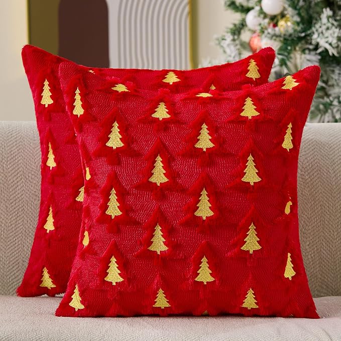 Allorry Christmas Pillow Covers 18x18 Set of 2 Red Double Xmas Tree Pillow Covers Soft Plush Faux Fur Christmas Decorations for Xmas Winter Holiday Home Bedroom Sofa Cushion Cases PT-008B18