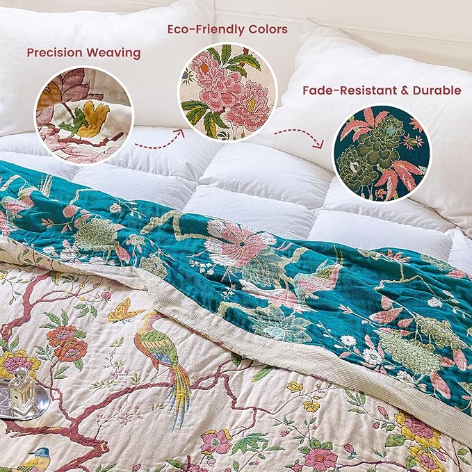MSGKV Boho Throw Blanket 60"x80" Cotton Chinoiserie Bird Blanket for Couch | 100% Cotton Throw, Chinoiserie Floral Bird, Reversible Woven, Breathable Lightweight, Decorative Accent, Machine Washable
