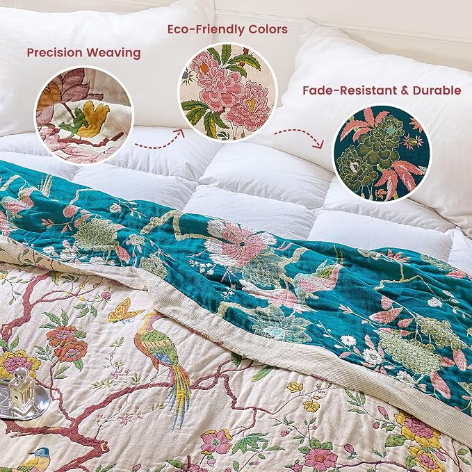 MSGKV Boho Throw Blanket 50"x60" Cotton Bird Blanket for Couch Bed Decor | 100% Cotton Throw, Chinoiserie Floral Bird, Reversible Blanket, Summer Decor, Road Trip Blanket, Machine Washable