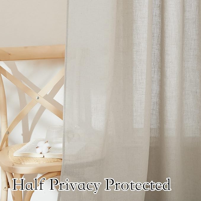 RYB HOME Linen Sheer Curtains - Semi Sheer Privacy Drapes for Bedroom Living Room Kitchen Bathroom Cafe Picture Window Decor, Angora, 52 inch Width x 90 inch Length, 1 Pair | Linen Textured, Light Filtering Privacy, Light Airy Sheer, Rod Pocket, Living...