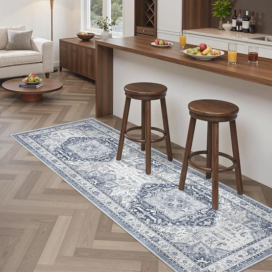 Madane Washable Runner Rug 2x6 Runners for Hallways Non Slip, Navy/White | Vintage Stain-Resistant 6 Feet Kitchen Rug, Soft Low-Pile Ultra-Thin Floor Carpet Mat for Bathroom Laundry Room Bedroom 2x6ft