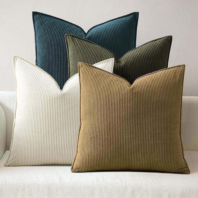 Pack of 4 Throw Pillow Covers Corduroy 18x18 Inch,Green Brown | Decorative Velvet Couch,Summer Cases Square,Farmhouse Boho Cushion Covers for Sofa Bed Living Room Home Decor & Office